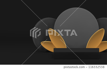 3d black luxury podium with golden leaves for product show presentation realistic vector 3d black luxury podium with golden leaves for product show presentation realistic vector 116332538
