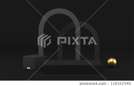 3d black podium pedestal with golden geometric shapes realistic vector illustration 116332540
