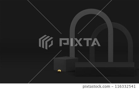 Black luxury 3d podium pedestal with arch wall background realistic vector illustration 116332541