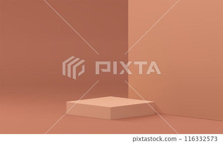 Brown 3d squared podium pedestal mock up for cosmetic product show realistic vector illustration 116332573