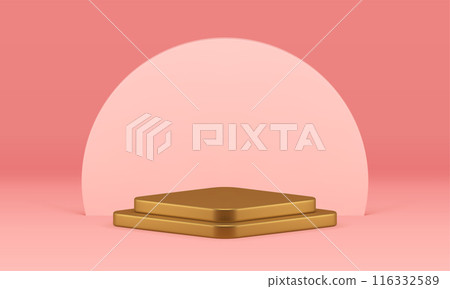 Pink 3d geometric stand golden rhombus podium pedestal for show realistic vector illustration 116332589