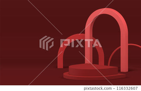 Red 3d semi circle podium pedestal with arch wall background for show realistic vector illustration Red 3d semi circle podium pedestal with arch wall background for show realistic vector illustration 116332607