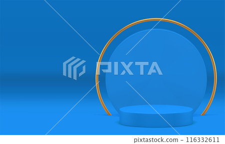 Blue 3d podium pedestal with round wall background golden frame decor realistic vector illustration Blue 3d podium pedestal with round wall background golden frame decor realistic vector illustration 116332611