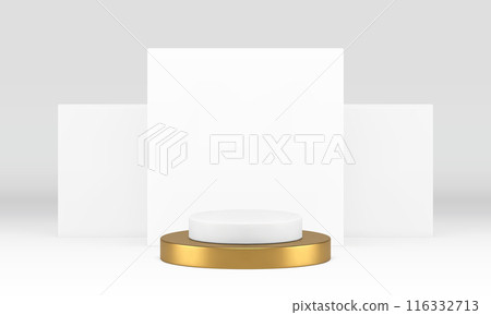 White showroom 3d golden podium mock up for cosmetic product show realistic vector illustration White showroom 3d golden podium mock up for cosmetic product show realistic vector illustration 116332713