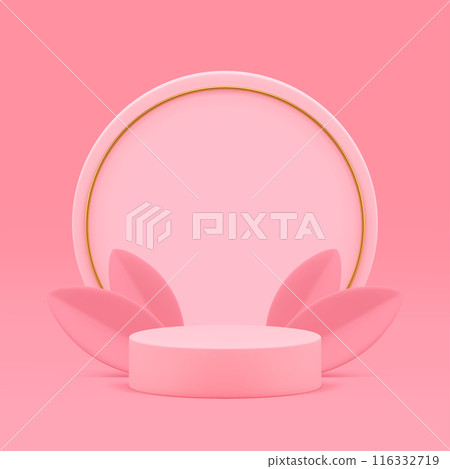 Pink 3d podium pedestal cylinder stand with leaves realistic vector illustration Pink 3d podium pedestal cylinder stand with leaves realistic vector illustration 116332719
