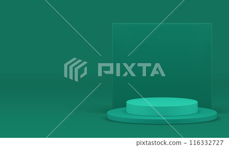 3d green cylinder podium pedestal with squared wall background realistic vector illustration 116332727