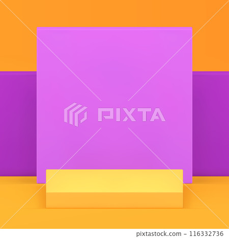 Yellow squared 3d podium pedestal with purple wall background realistic vector illustration 116332736