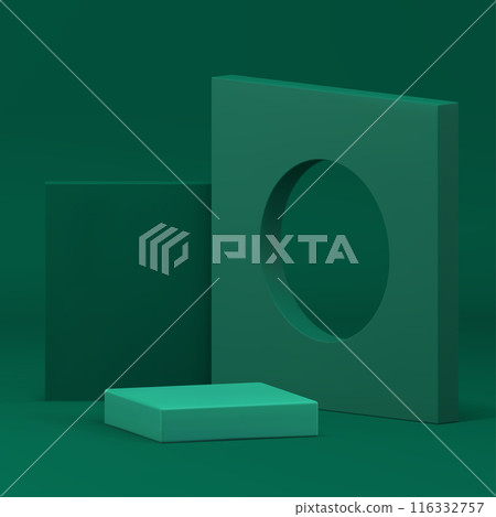 Green 3d podium pedestal with frame hole squared wall background realistic vector illustration 116332757