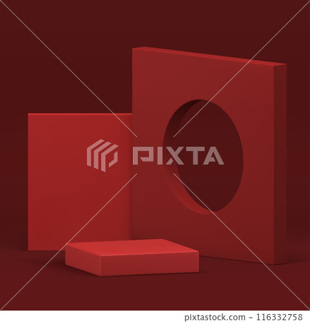3d squared red podium pedestal showcase with geometric wall background realistic vector 116332758