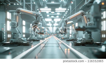 High-tech factory with robotic arms in a futuristic industrial environment. Smart factory automation 116332865