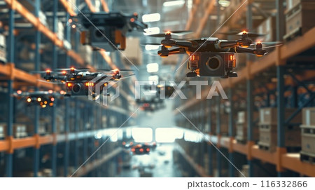Drones scanning and organizing inventory in a smart warehouse environment. Smart factory automation 116332866