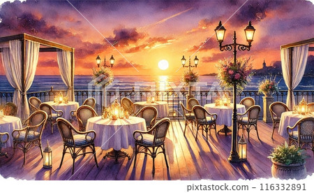 Sunlit table at a seaside cafe 116332891