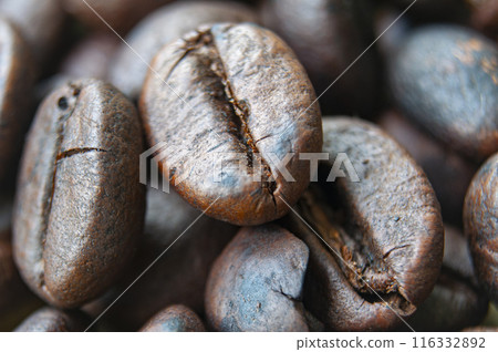 Close up view of coffee bean with customizable space for text or ideas for promotion. Coffee bean concept and copy space 116332892