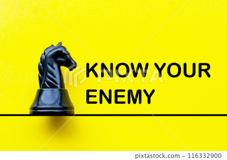 Know your enemy text on yellow cover with black knight chess background. Battle concept Know your enemy text on yellow cover with black knight chess background. Battle concept 116332900