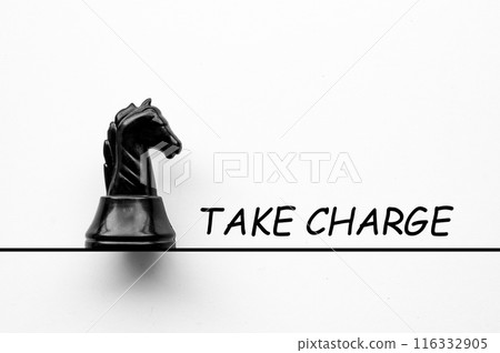 Take charge text with black knight chess on white cover background. Taking responsibility concept Take charge text with black knight chess on white cover background. Taking responsibility concept 116332905