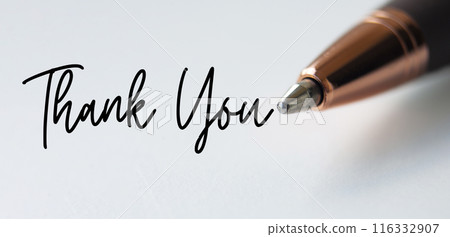 Thank you text on white background with close up of pen. Thank you text on white background with close up of pen. 116332907