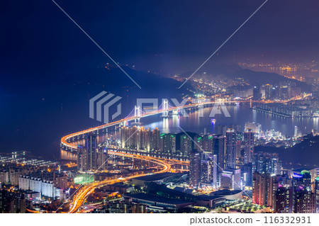 Busan city and skyscrapers in Haeundae district, Gwangan Bridge, skyscrapers and Busan sea, Busan South Korea. Busan city and skyscrapers in Haeundae district, Gwangan Bridge, skyscrapers and Busan sea, Busan South Korea. 116332931