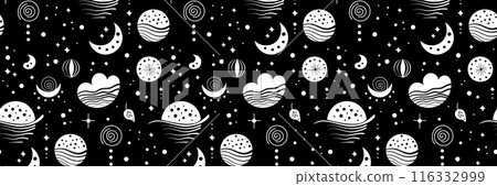Seamless neo folk patterns with moon, cloud, sun and stars, black and white celestial design. Set Neo folk style endless backgrounds perfect for textile design. Seamless neo folk patterns with moon, cloud, sun and stars, black and white celestial design. Set Neo folk style endless backgrounds perfect for textile design. 116332999
