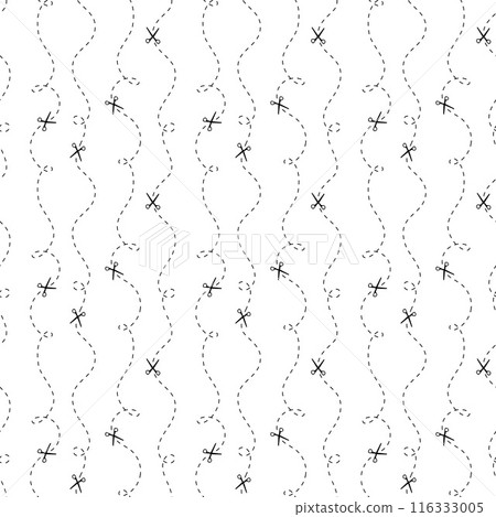 Cut here seamless pattern. Vector scissors with dotted lines, paper cut here seamless pattern for ticket, coupon, promo code. 116333005