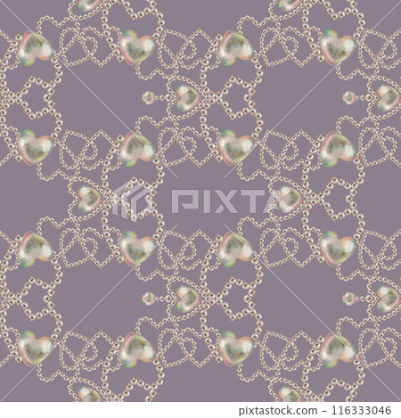 Seamless pattern of pearl jewelry in the shape of a heart on a purple background. Watercolor illustration in pastel palette with holographic effect for wallpaper, Valentine's card, engagement, wedding 116333046