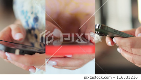 Multiscreen on people using smartphone in everyday life. People using the mobile phone. No-mobile-phone phobia. Multiscreen footage. Split screen variation. 116333216