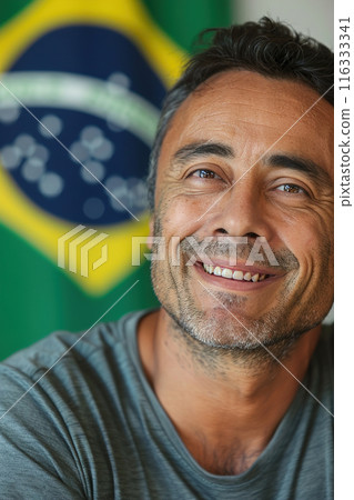 Happy, smiling man stands in front of a blurred Brazilian flag, symbolizing patriotism and national pride. Brazilian Independence Day. Love for the country. National holiday in Brazil. Generative AI. Happy, smiling man stands in front of a blurred Brazilian flag, symbolizing patriotism and national pride. Brazilian Independence Day. Love for the country. National holiday in Brazil. Generative AI. 116333341