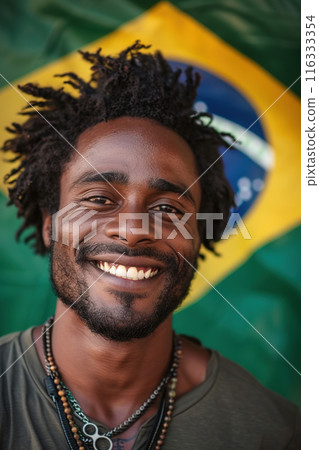 Happy, smiling man stands in front of a blurred Brazilian flag, symbolizing patriotism and national pride. Brazilian Independence Day. Love for the country. National holiday in Brazil. Generative AI. 116333354