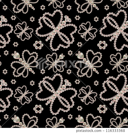Seamless pattern of pearl jewelry in the shape of a heart on a black background. Watercolor illustration in pastel palette with holographic effect for wallpaper, Valentine's card, engagement, wedding Seamless pattern of pearl jewelry in the shape of a heart on a black background. Watercolor illustration in pastel palette with holographic effect for wallpaper, Valentine's card, engagement, wedding 116333368