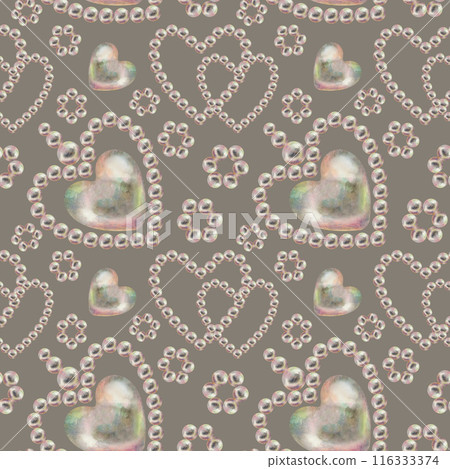 Seamless pattern of pearl jewelry in the shape of a heart on a taupe background. Watercolor illustration in pastel palette with holographic effect for wallpaper, Valentine's card, engagement, wedding Seamless pattern of pearl jewelry in the shape of a heart on a taupe background. Watercolor illustration in pastel palette with holographic effect for wallpaper, Valentine's card, engagement, wedding 116333374