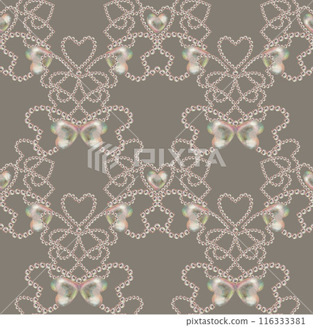 Seamless pattern of pearl jewelry in the shape of a heart on a taupe background. Watercolor illustration in pastel palette with holographic effect for wallpaper, Valentine's card, engagement, wedding Seamless pattern of pearl jewelry in the shape of a heart on a taupe background. Watercolor illustration in pastel palette with holographic effect for wallpaper, Valentine's card, engagement, wedding 116333381