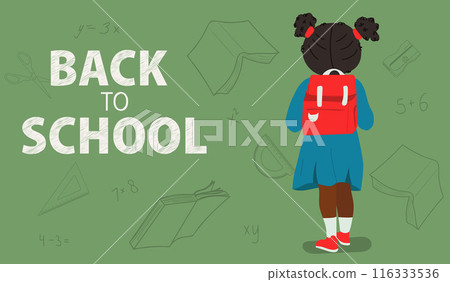Back to school concept. African american schoolgirl with stationery and books. Back to school concept. African american schoolgirl with stationery and books. 116333536