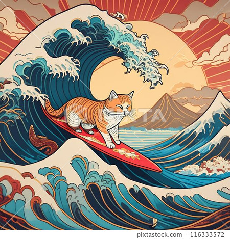 Surfing Cat in the big wave Ukiyo-e style 116333572