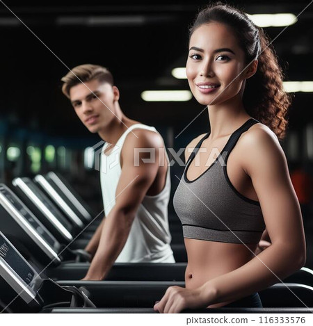 Young couple working out in a gyme 116333576