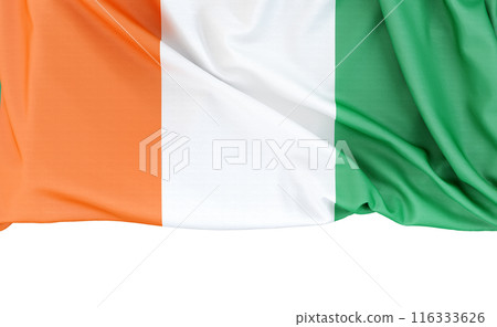 Flag of Cote d'Ivoire isolated on white background with copy space below. 3D rendering 116333626