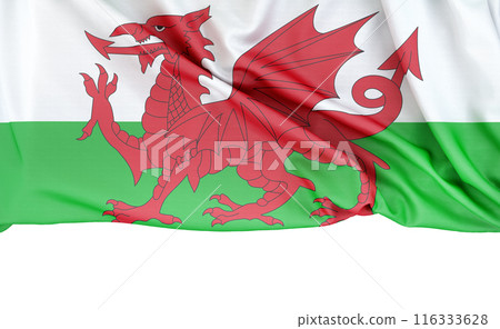 Flag of Wales isolated on white background with copy space below. 3D rendering Flag of Wales isolated on white background with copy space below. 3D rendering 116333628