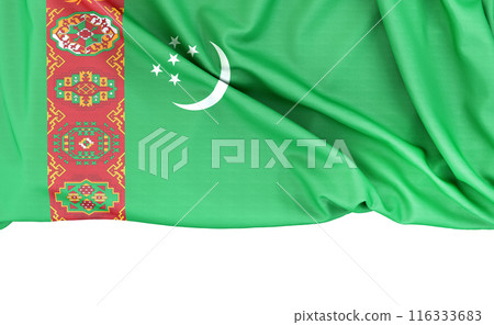 Flag of Turkmenistan isolated on white background with copy space below. 3D rendering Flag of Turkmenistan isolated on white background with copy space below. 3D rendering 116333683
