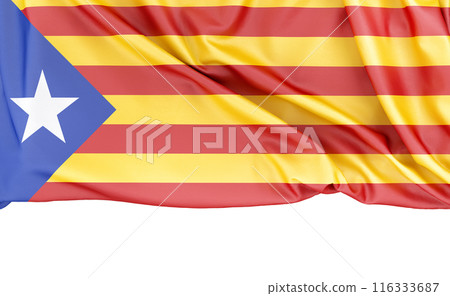 Flag of Catalonia isolated on white background with copy space below. 3D rendering 116333687