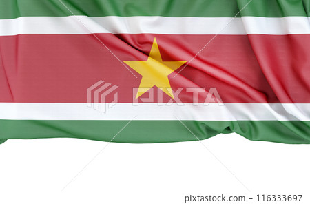 Flag of Suriname on white background with copy space below. 3D rendering 116333697