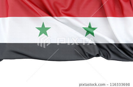 Flag of Syria on white background with copy space below. 3D rendering Flag of Syria on white background with copy space below. 3D rendering 116333698
