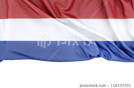 Flag of Netherlands on white background with copy space below. 3D rendering Flag of Netherlands on white background with copy space below. 3D rendering 116333701