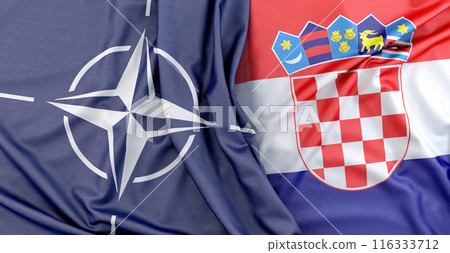 Croatian and North Atlantic Alliance (NATO) organization flags waving together. 3D Rendering 116333712