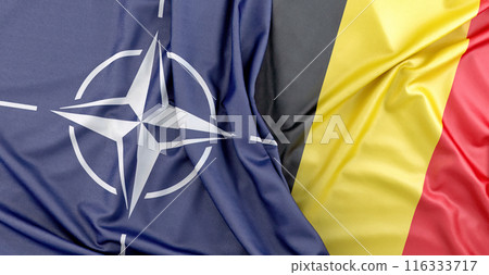 Flags of Belgium and NATO showing concept of politics and agreement. 3D Rendering 116333717
