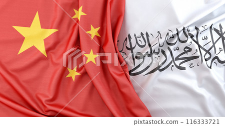 Chinese flag lying beside Islamic Emirate of Afghanistan flag representing political relationship. 3D Rendering 116333721