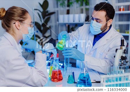 Scientist and people in science exam, test or group project in experiment or assignment at laboratory. 116334000