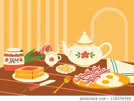 Illustration of english breakfast. Fried egg and bacon, jam and toasts. Illustration of english breakfast. Fried egg and bacon, jam and toasts. 116334169