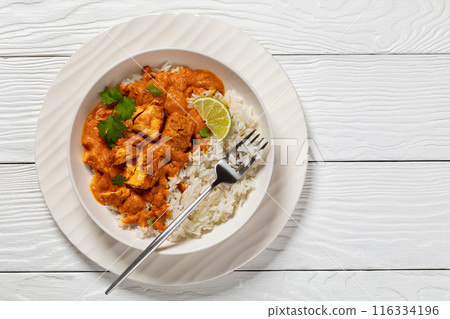 indian spiced fish curry, salmon masala, top view 116334196