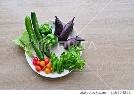 Fresh vegetables, summer vegetables, freshly picked, morning harvest, home garden Fresh vegetables, summer vegetables, freshly picked, morning harvest, home garden 116334231