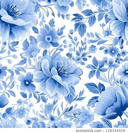 Spring blue seamless pattern of flowers, leaves and herbs. Generated by AI 116334329