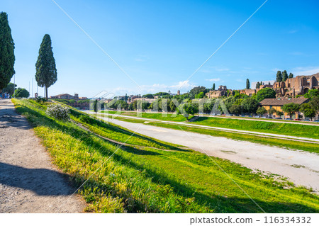 The Circus Maximus, Italian: Circo Massimo, an ancient Roman chariot-racing stadium and mass entertainment place in ancient Rome, Italy. With buildings of Palatine Hill on background 116334332