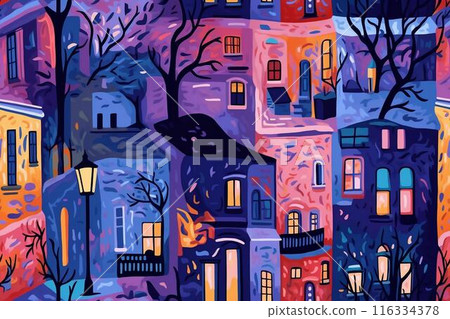 Seamless pattern: illustration of a European city street with houses and roofs, night scene, holiday mood. Generated AI 116334378